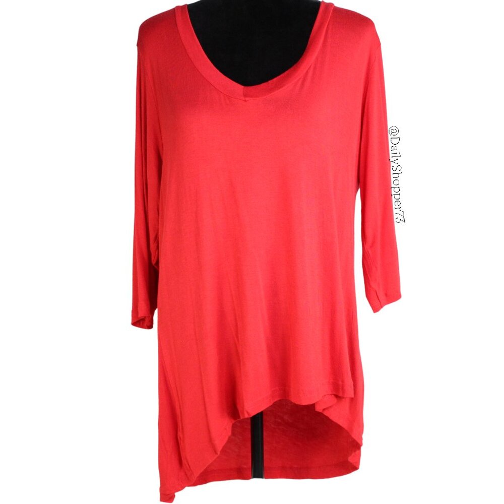 Splash Women's Plus Red Rayon Blend 3/4 Sleeves High-Low Round Scoop Neck Tunic
